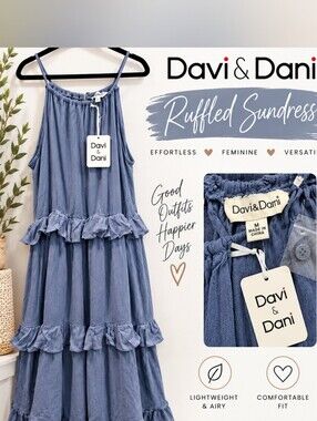 Davi & Dani NWT Blue Tiered Ruffle Maxi Dress Size Medium Boho
